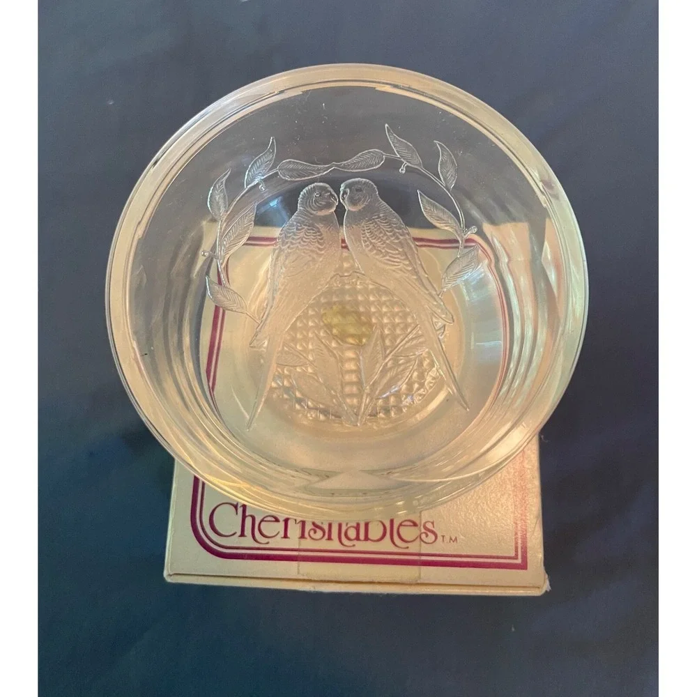 Henco Cherishables Clear Acrylic Trinket Box Engraved Parakeets Vine Heart w/box